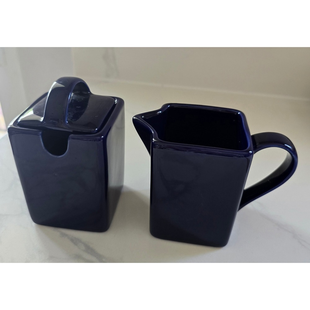 10 Strawberry Street Cobalt Blue Square Ceramic Creamer and Sugar Bowl Set‎